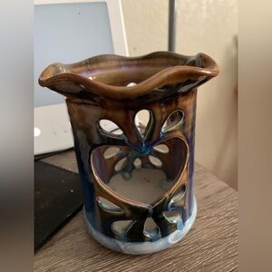 Vintage Studio Art Pottery Heart Cutout Candle Luminary - Blue Drip Glaze